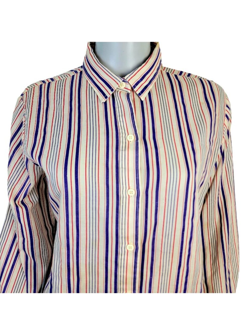 Vintage 70s Stripe Shirt Women Medium Button Blouse Red Blue Beige Work Retro 10